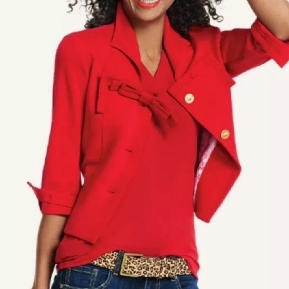 Cabi Bow Beau Red Blazer Size 8 Gold Buttons